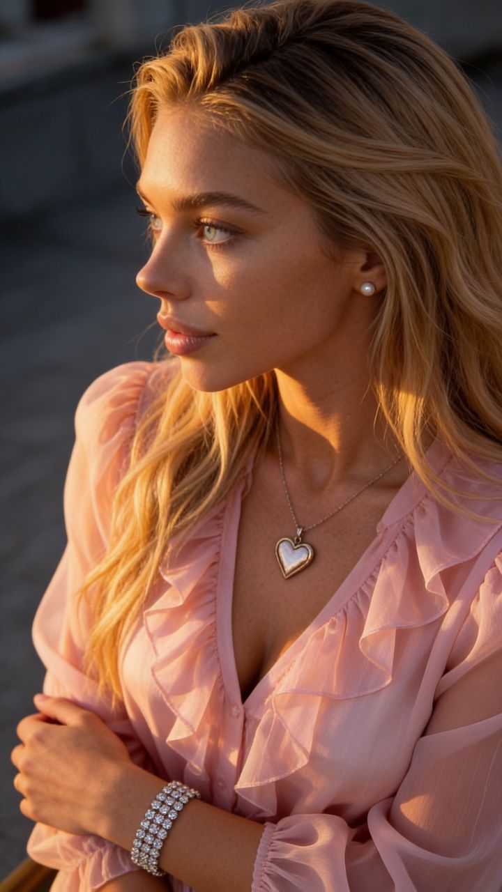 Potret Sinematik Wanita Profil Edge Lighting Golden Hour, Realisme Ultra, Blus Organza Pink Muka Merona