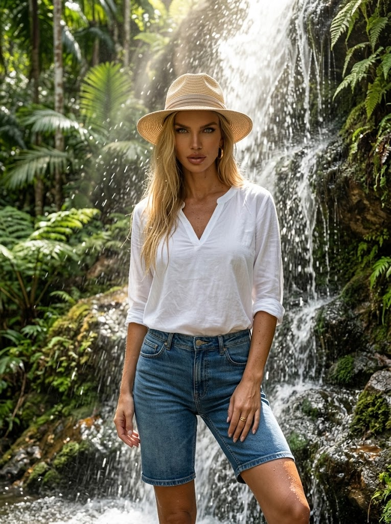 Potret Wanita Cantik di Dasar Air Terjun Hutan Tropis, Blus Putih V-Neck & Celana Pendek Denim