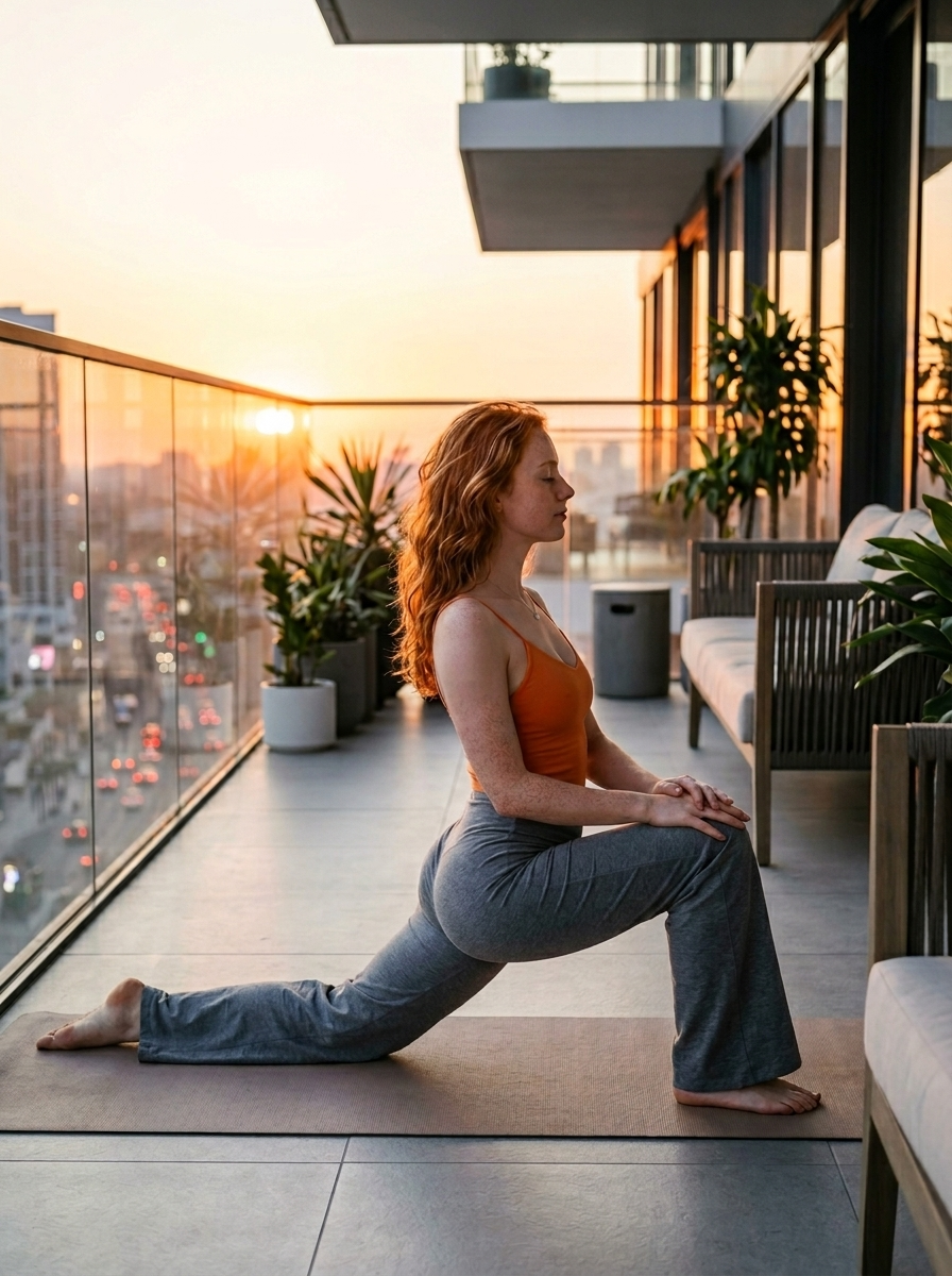 Poziție Yoga Pigeon Așezată pe Balcon la Apus de Soare deasupra Orașului