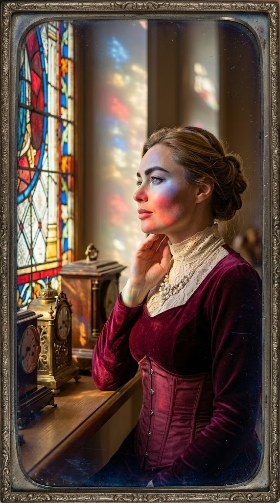 Profile portrait against a window with stained glass, slight head tilt, hand touches the neck, sun rays pierce colored glass, antique clocks on the shelf, soft bokeh, dramatic contrast., in a burgundy velvet dress with a corset, high lace collar and pearl necklace