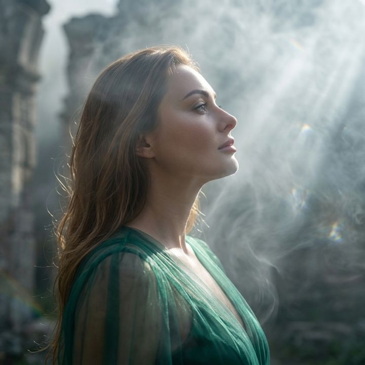 Profile view with chin lifted, gazing sideways into swirling ethereal mist, delicate light beams caressing contours, ...