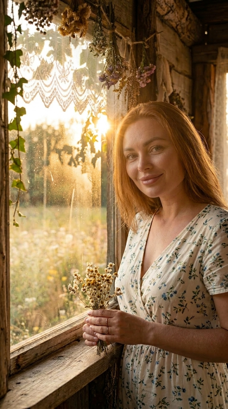 Profilni portret žene pored prozora drvene kolibe s cvjetnim girlandama | Nostalgična večer