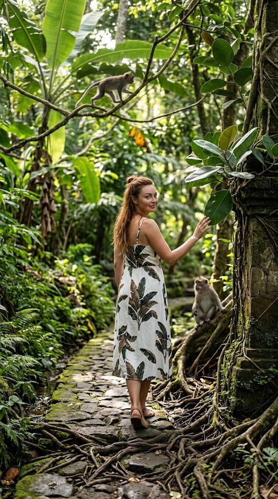 Promenad i Ubud Monkey Forest – Tropisk klänning med bananblad
