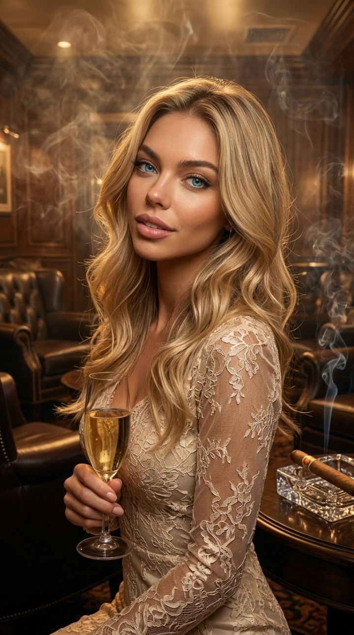 Provokatívny pohľad ženy v šampanskej šatách | Luxusný klub s dymom z cigár, ultra fotorealizmus