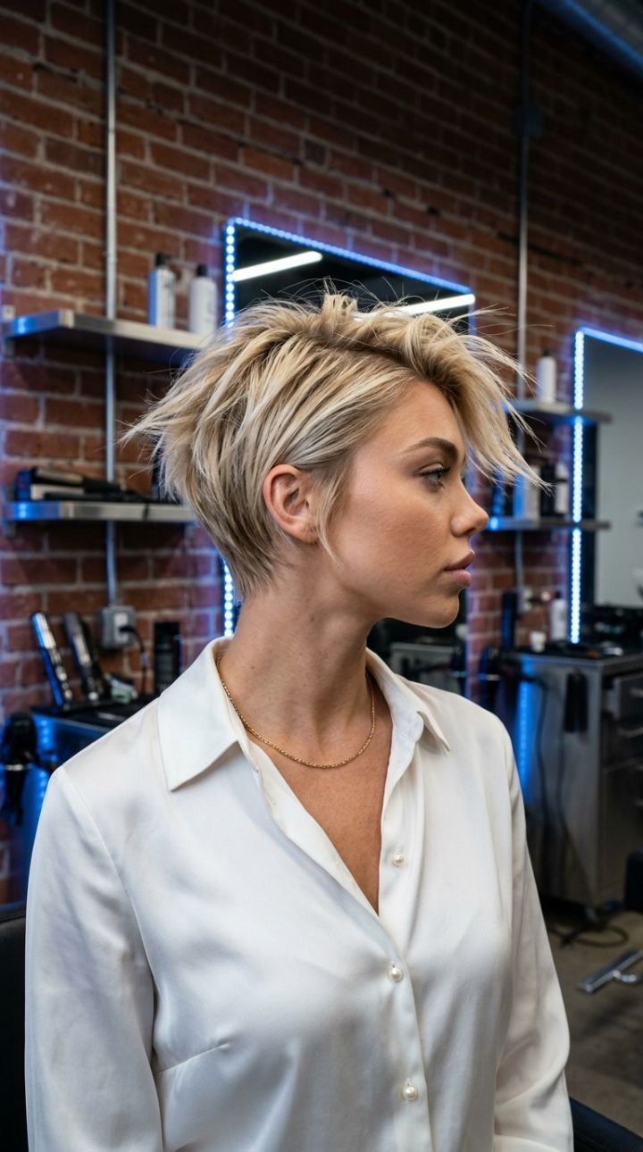 Razorskarpt pixieklipp med texturerade spikar – Ultrarealistisk high fashion i industriell studio