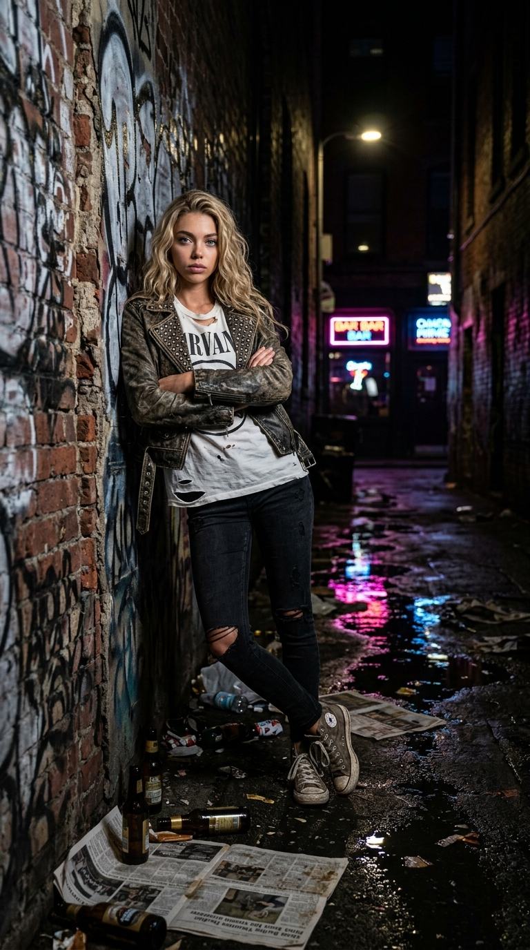 Rebellious Punk Leaning in Dirty Urban Alley Night - Ultra Realistic Cinematic Photo