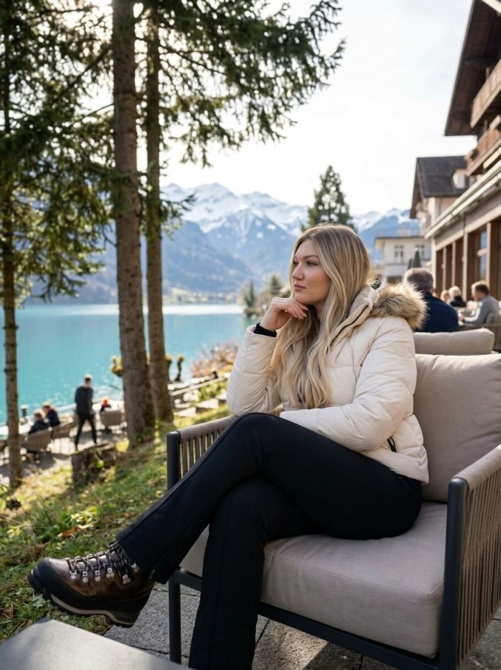 Relaks na tarasie luksusowego hotelu w Interlaken – turkusowe jezioro, fotorealizm