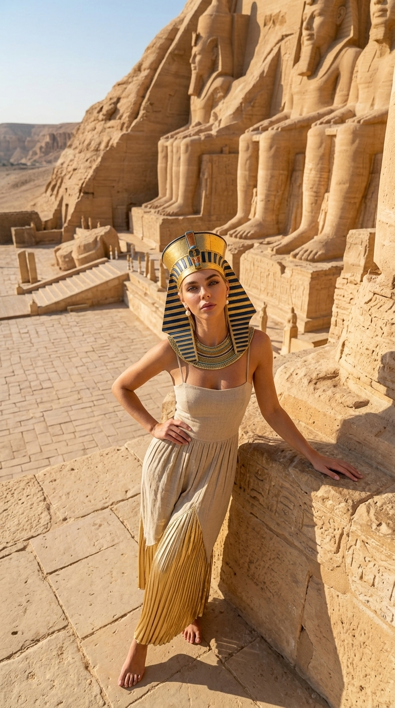 Retrato agenollat davant les terrasses del Temple de Hatshepsut al migdia | Ultra realisme fotogràfic