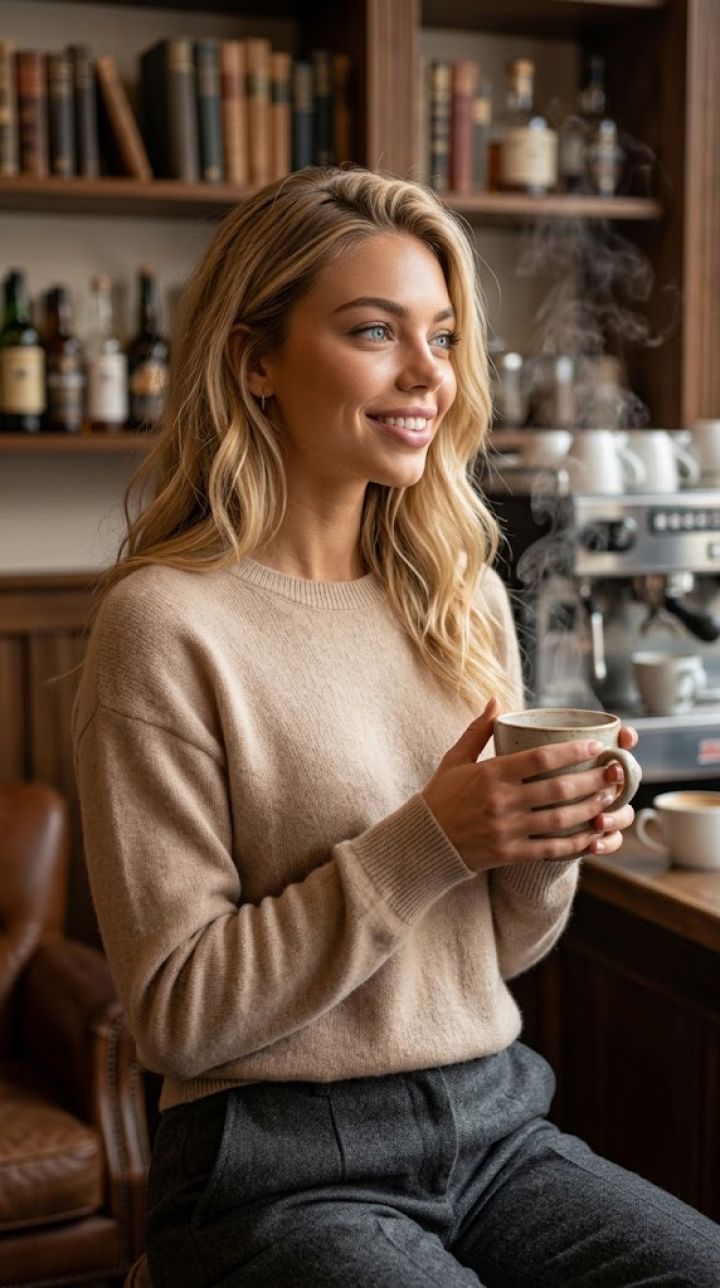 Retrato Fotorealista: Sonrisa Juguetona en Café Acogedor con Suéter Cachémiere