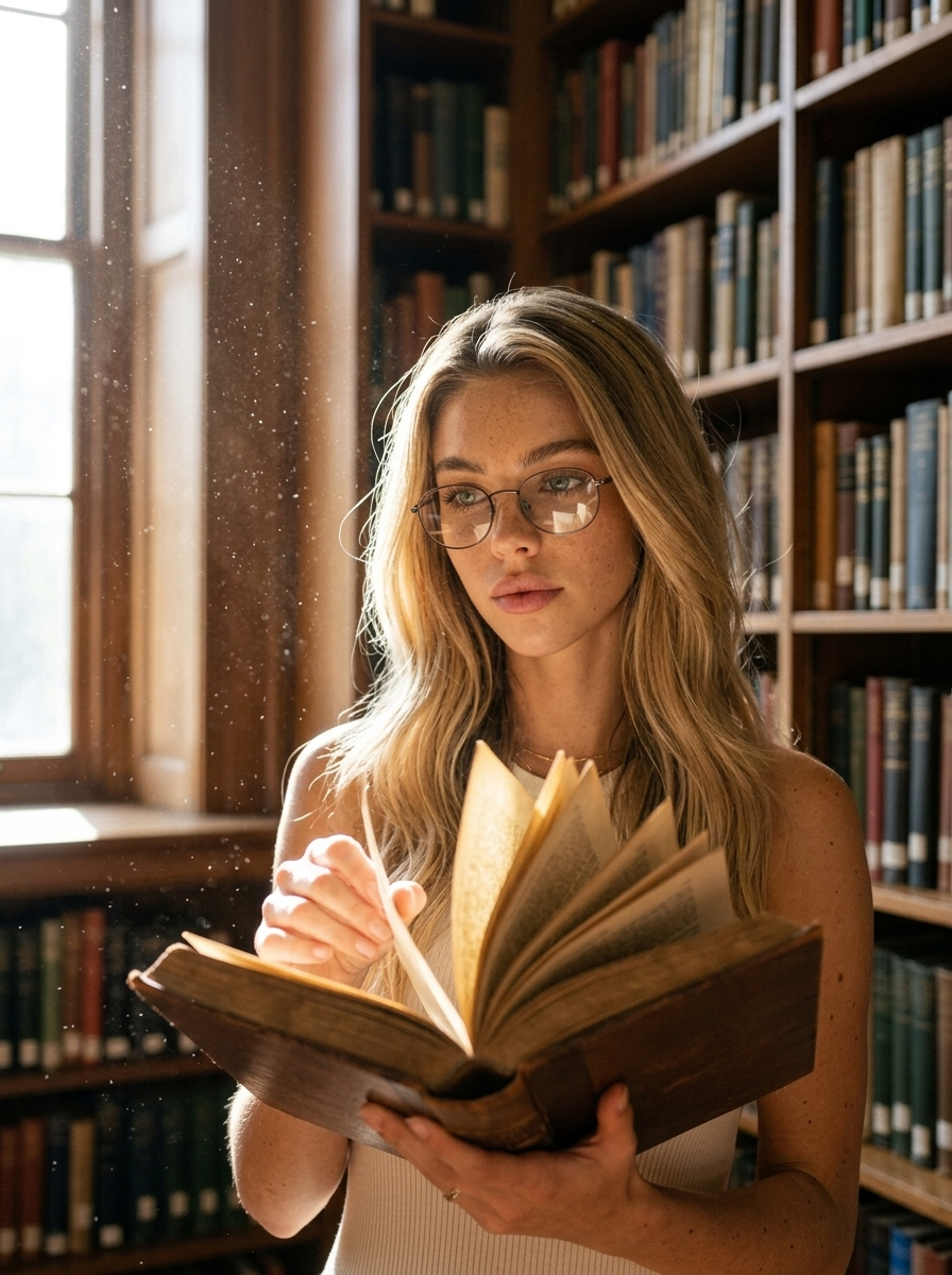 Retrato Pensativo en Biblioteca con Libro y Luz