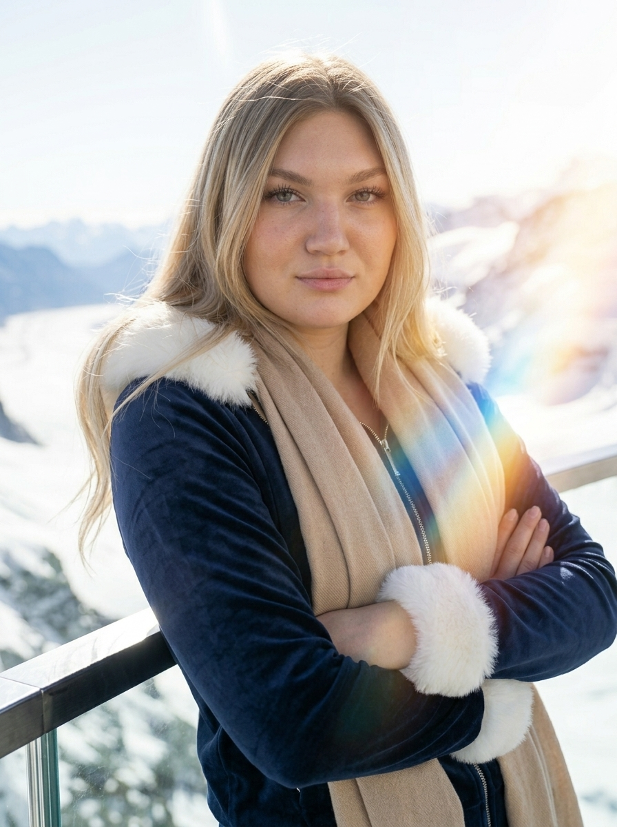 Retrato Ultra Realista en Jungfraujoch: Pose Casual con Chándal Terciopelo Azul Marino