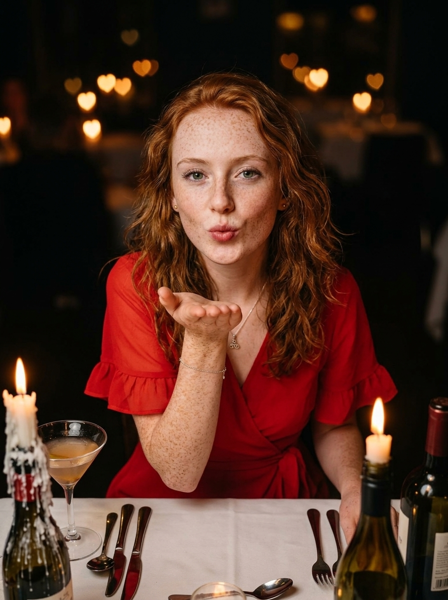 Retrato Íntimo desde Arriba: Mujer Soplando Beso Seductor en Cena Romántica con Vestido Rojo Chiffon