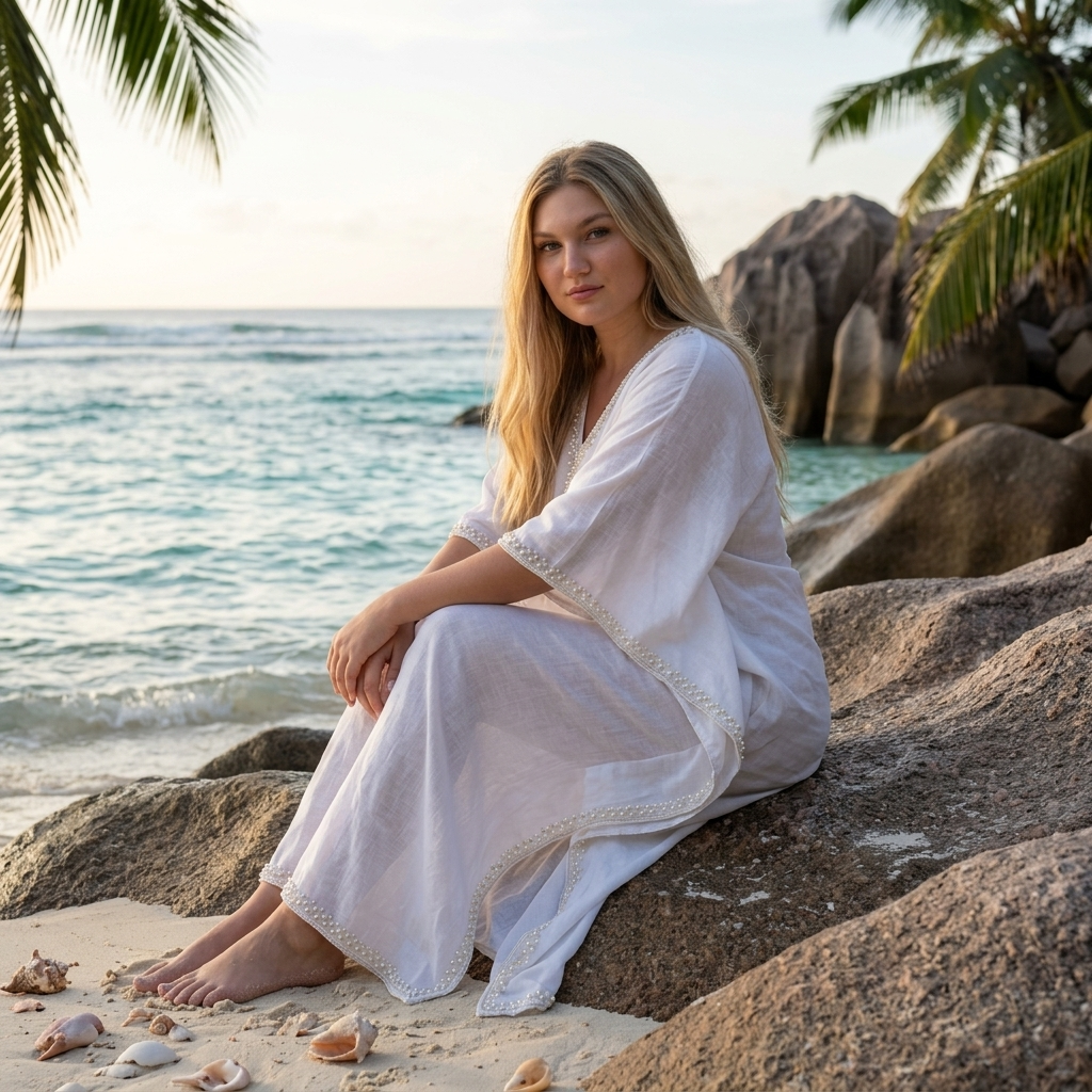 Retrato Íntimo em Anse Source d’Argent: Pose Relaxada ao Amanhecer com Kaftan de Linho Branco