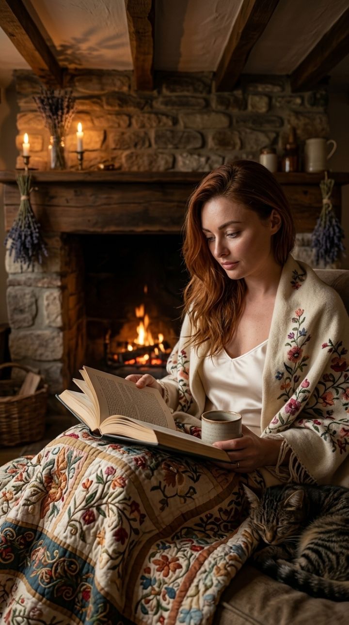 Rincón de Lectura Acogedor junto a Chimenea de Piedra con Lavanda y Luz de Velas | Ultra Realismo...