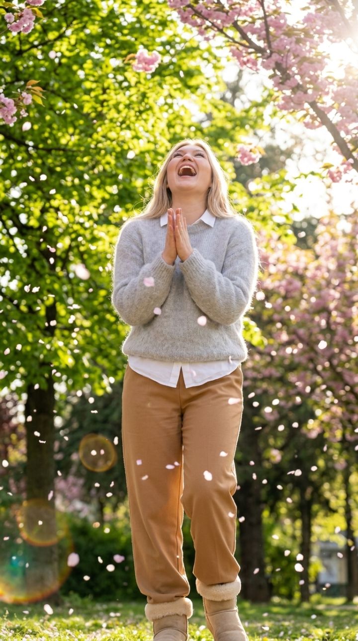 Rire joyeux la tête rejetée en arrière, mains applaudissant dans un parc ensoleillé aux cerisiers en fleurs