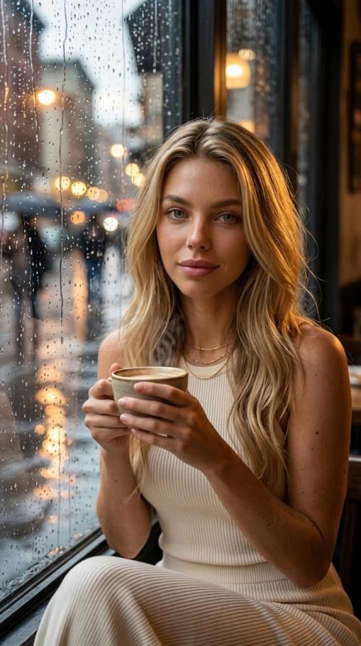 Ritratto Caffè Pioggia: Vapore e Luci Sfocate