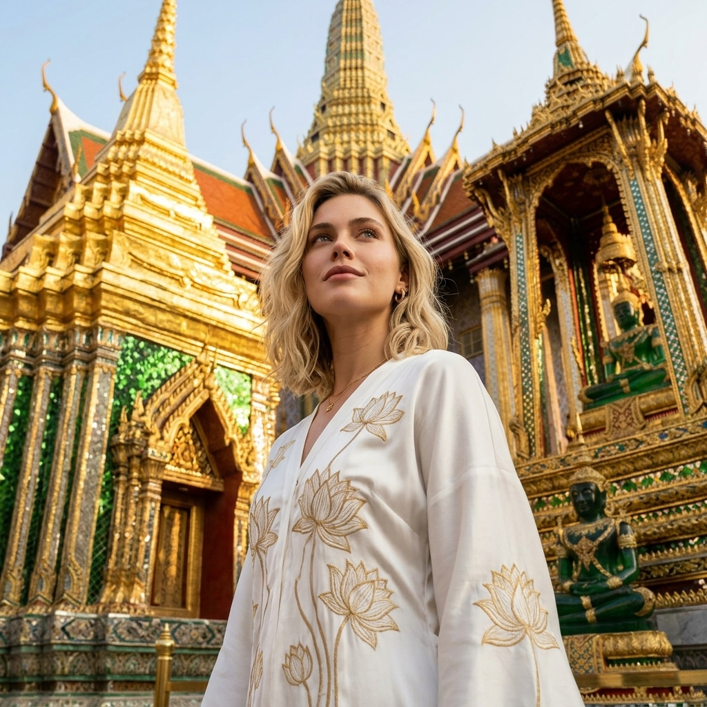 Ritratto Drammatico al Palazzo Reale di Bangkok all'Ora Dorata - Donna in Abito Seta Bianca con Ricami Loto Oro