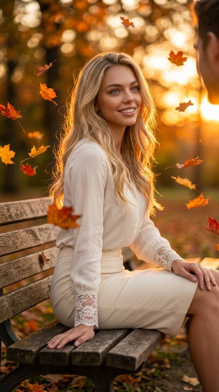 Romantikus őszies naplemente parkban: Pár padon kézérintéssel, dinamikus bokeh, ultra fotorealisz...