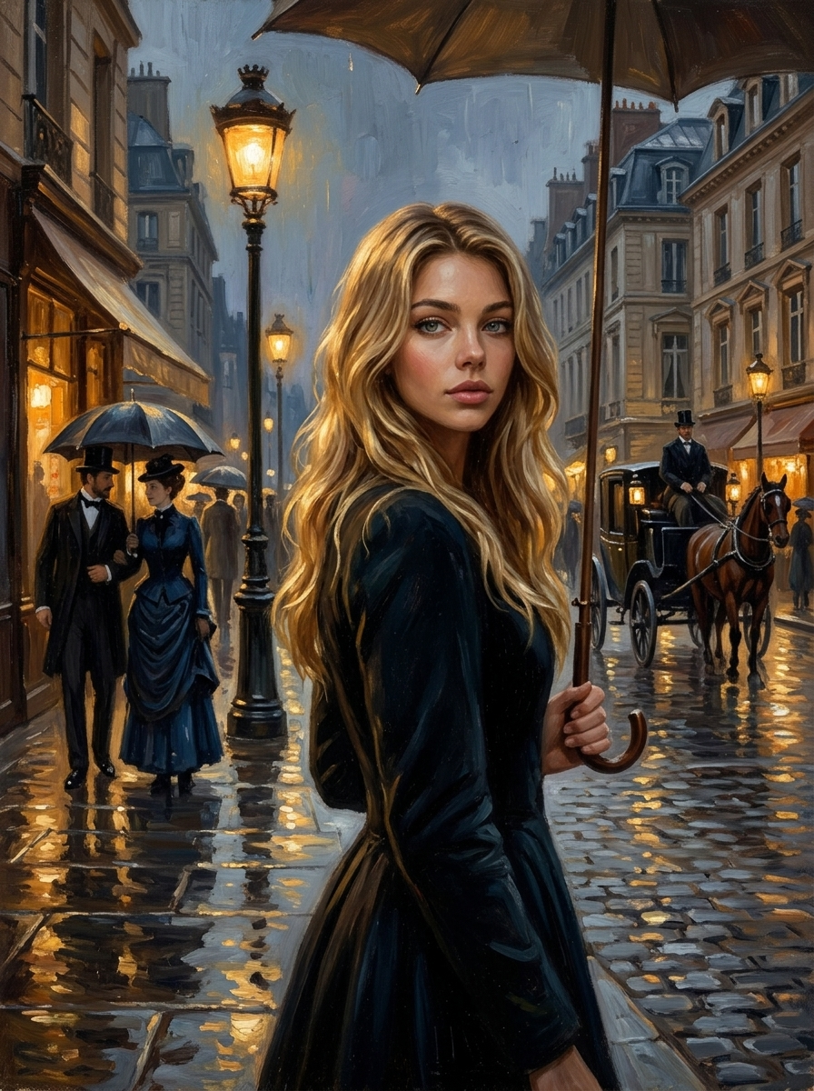 Rue Parisienne Nuit 19e Siècle Pluie Lumières