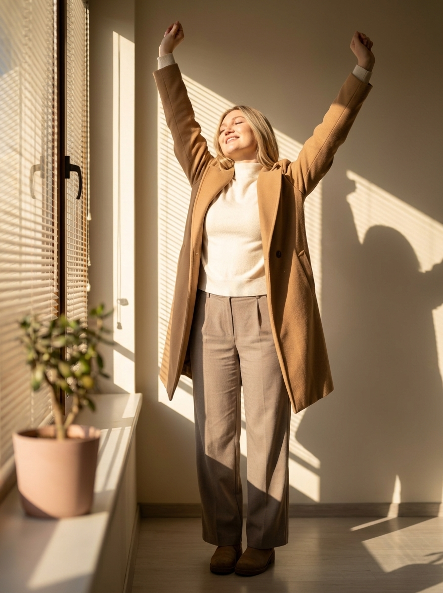 Ruhige Morgen-Dehnung in elegantem Ivory-Kaschmir-Pulli und Kamelhaar-Mantel – Ultra-Fotorealismus