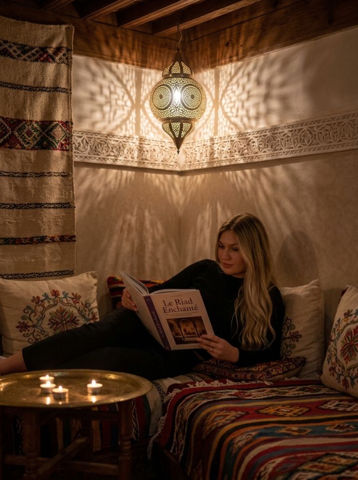 Rustig Lezen in Knus Leeshoekje Marrakech Riad | Kaarslicht, Boek en Fotorealisme