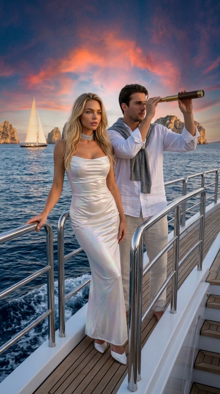 Răsărit Epic pe Iacht în Mediterană: Eleganță în Rochie Sidefie de Mătase și Lux Maritim