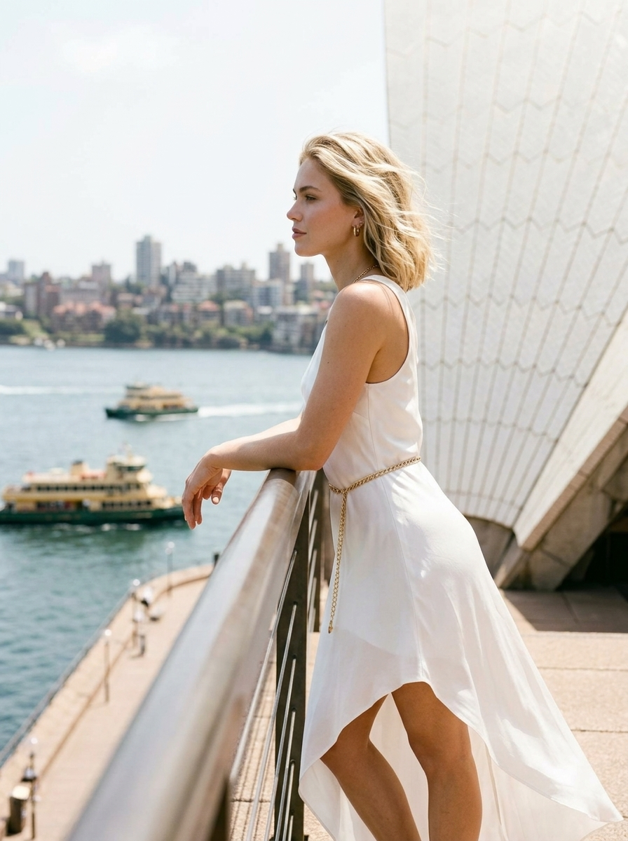 Sebavedomá žena opretá o zábradlie pri Sydney Opera House – vetrom rozvíjané vlasy, fotorealistický portrét