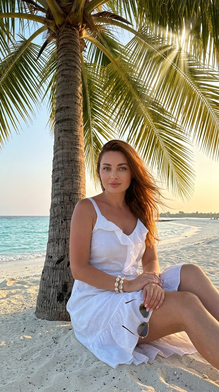 Sedící žena v lněných letních šatech pod osamělou palmou na tropické pláži – Zlatá hodina, ultra fotorealismus