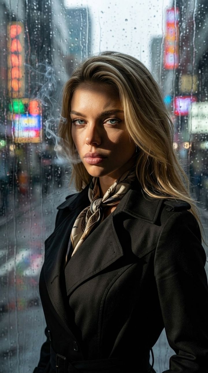 Sguardo Intenso Noir: Ritratto Fotorealistico in Trench Coat Nero con Fumo di Sigaretta e Neon Pi...