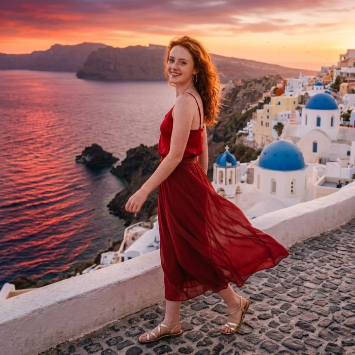 Sieviete staigā pa Oiā terases malu virs bezdibeņa – Santorini saulriets, dinamiska poza sarkanos...