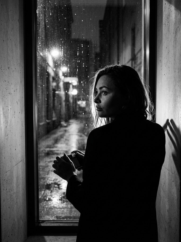 Silhueta Dramática na Chuva: Janela e Beco
