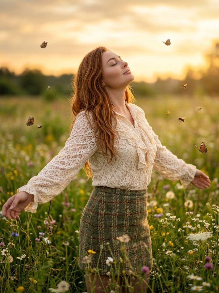 Silhuett i blomstereng ved gyllen solnedgang