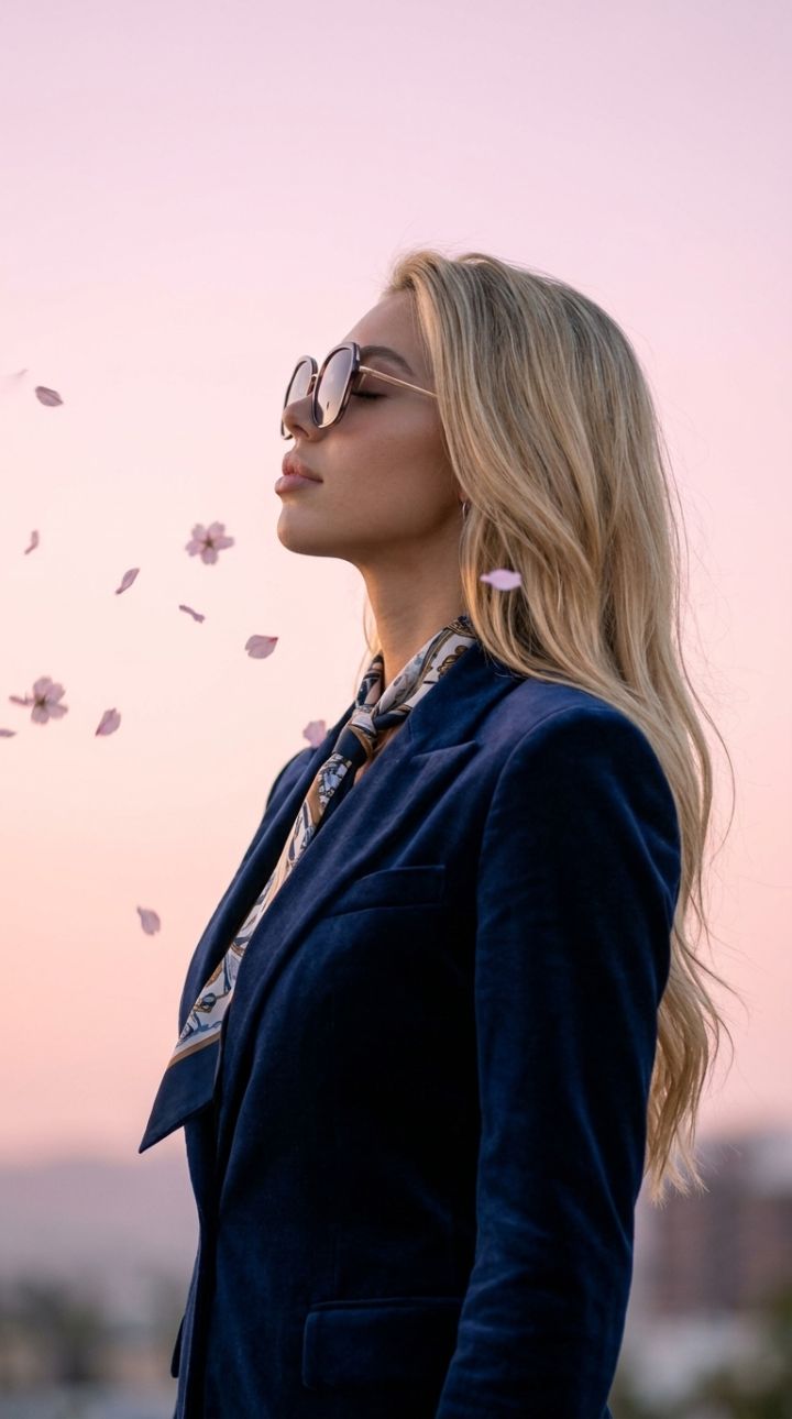 Siluet Tajam Profil Samping Wanita Meditatif, Bunga Sakura Berguguran, Setelan Velvet Biru Tua Fo...