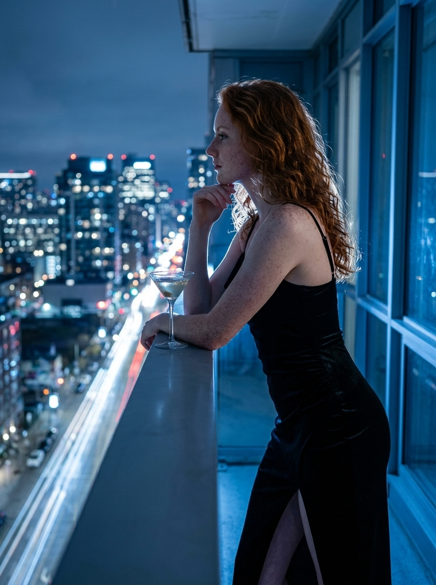 Silueta Elegante en Balcón Alto contra Horizonte Urbano Brillante - Vista Nocturna Cinematográfica