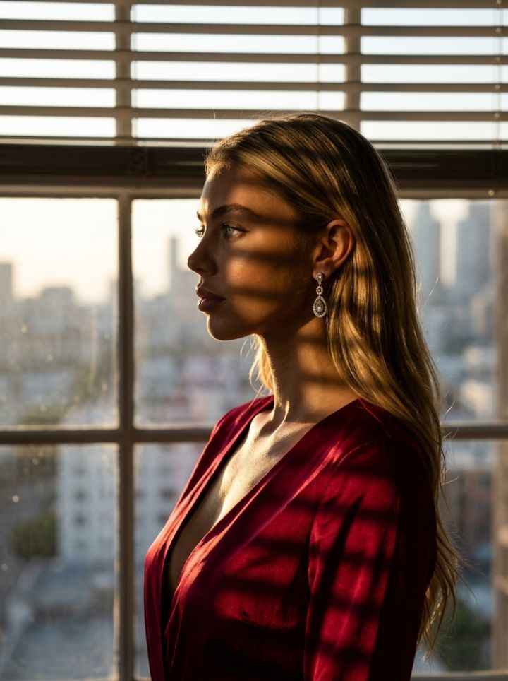Silueta profila u zlatnom svjetlu prozora: Crvena satenska majica i dijamantne naušnice