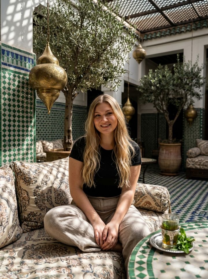 Sitting cross-legged on shaded lounge seating in a Marrakech riad courtyard, surrounded by zellige tile walls and oli...