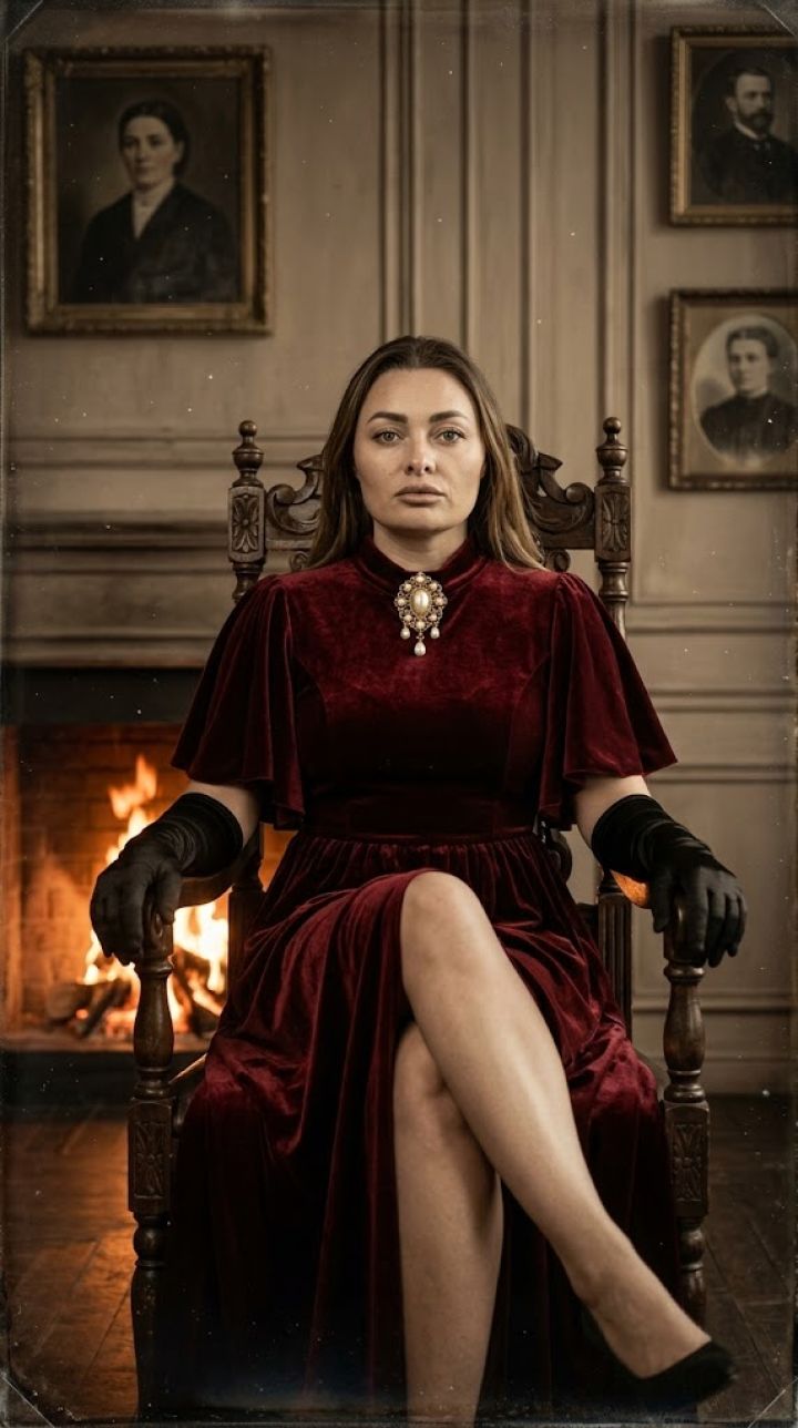 Sitting pose in a chair with a high backrest, leg crossed over leg, hands on armrests, background fireplace with flam...