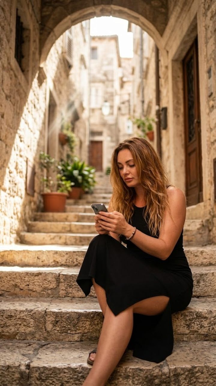 Sitting pose on the stairs of the old town, knees pulled up, gaze down at the phone, sun rays pierce through the arch...