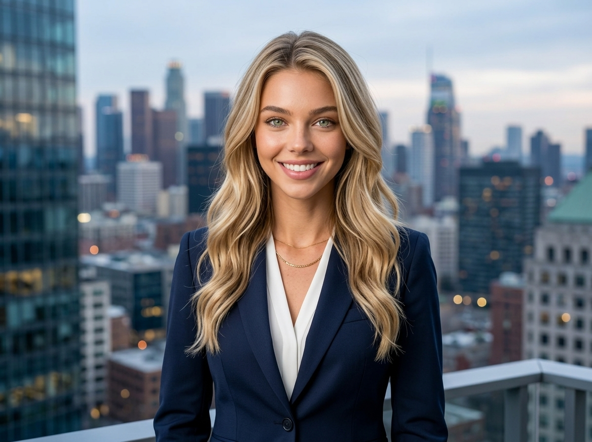 Sleek headshot of a smiling executive in tailored suit against city skyline.