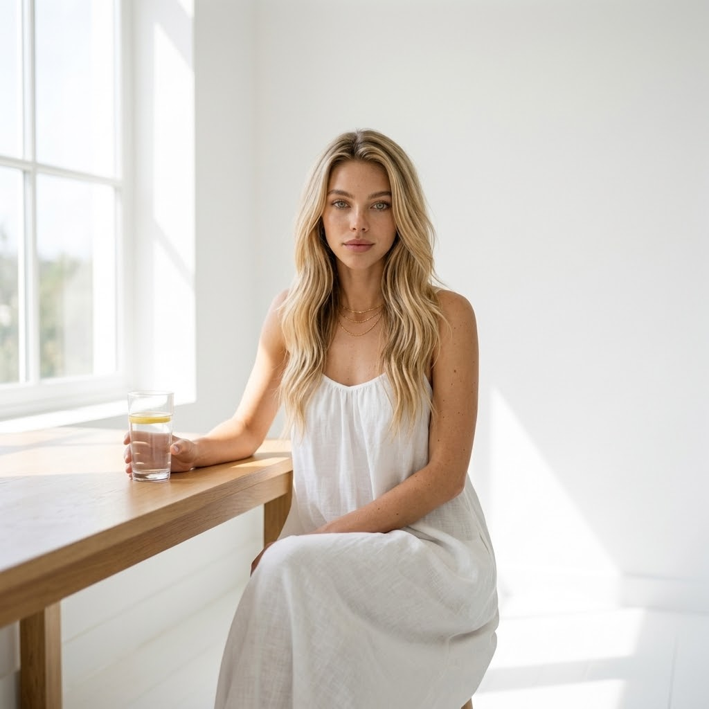 Soft morning sunlight pours through a large window into a white minimalist room, on a wooden table stands one glass of water with lemon, shadows are gentle, empty space, cinematic composition with emphasis on transparency and freshness, highly detailed photo with natural colors., in a white maxi dress made of thin cotton linen