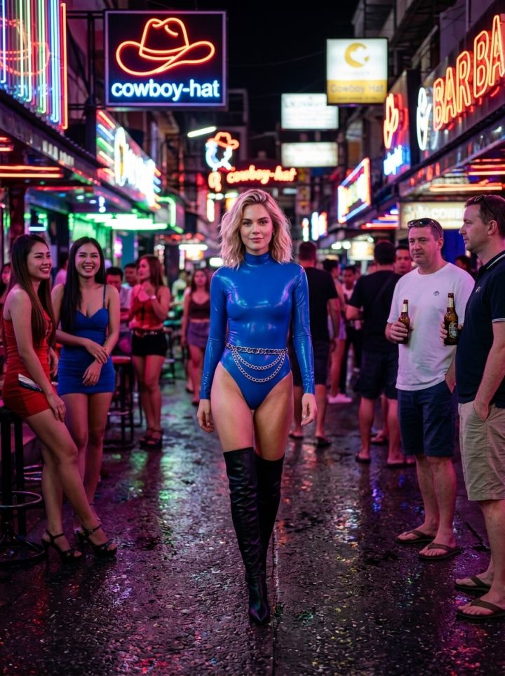 Soi Cowboy Neon Uličica: Kinematografski kadar sa plavim lateks bodysuitom i mokrim asfaltom