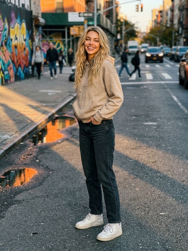 Spontaneous full-body shot near street graffiti: dynamic pose with hands in pockets, sneakers on ...