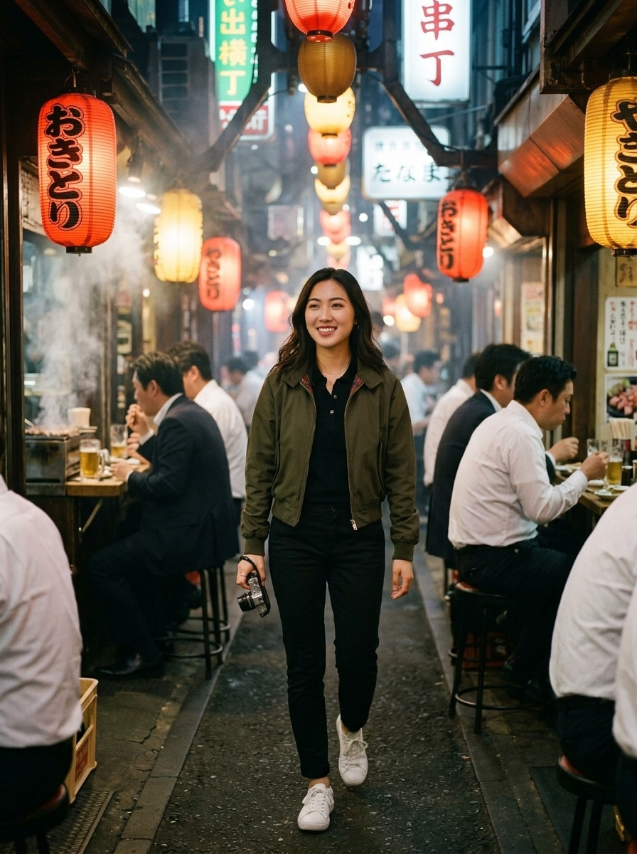 Spontaner Nachtspaziergang durch Omoide Yokocho: Laternen, Yakitori und Tokyo-Nostalgie in Harrington-Jacke
