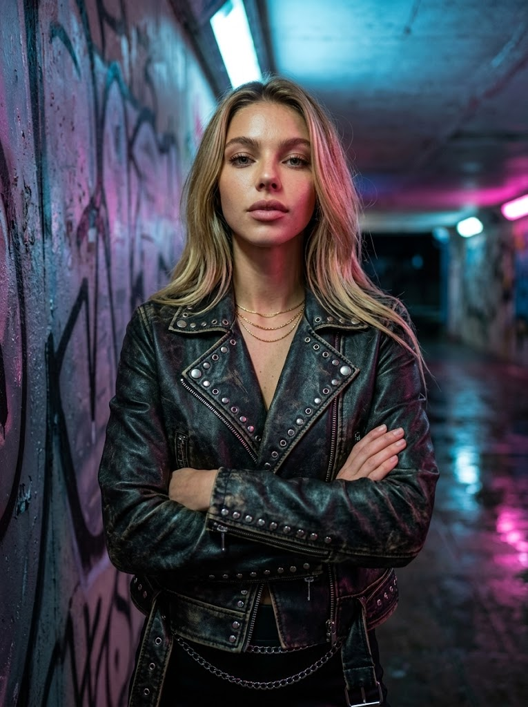 Standing near graffiti on the wall of an underground passage, arms crossed, confident gaze, worn leather jacket with rivets, chains on the belt, wet floor from condensate, neon from advertising, urbanistic atmosphere, photo with low shooting angle for dramatic effect.