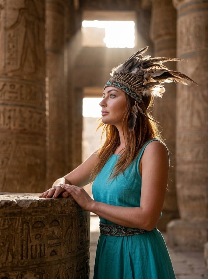 Standing traveler gazing at hypostyle hall in Temple of Edfu during midday haze, towering columns with vivid inscript...