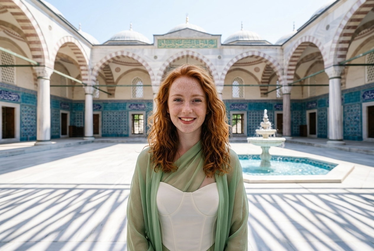 Sultan Ahmed Camii Avlusu: Simetrik Mavi Fayanslar, Öğle Güneşi Gölgeleri ve Parlayan Çeşme