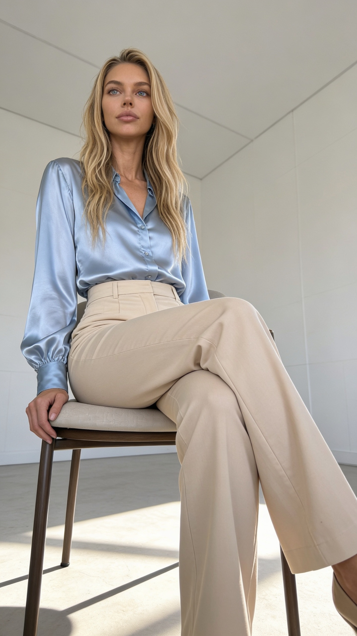 Sunčevi zraci probijaju praznu bijelu sobu s jednom stolicom – minimalistička estetika praznine u pastelno-plavoj svilenoj bluzi