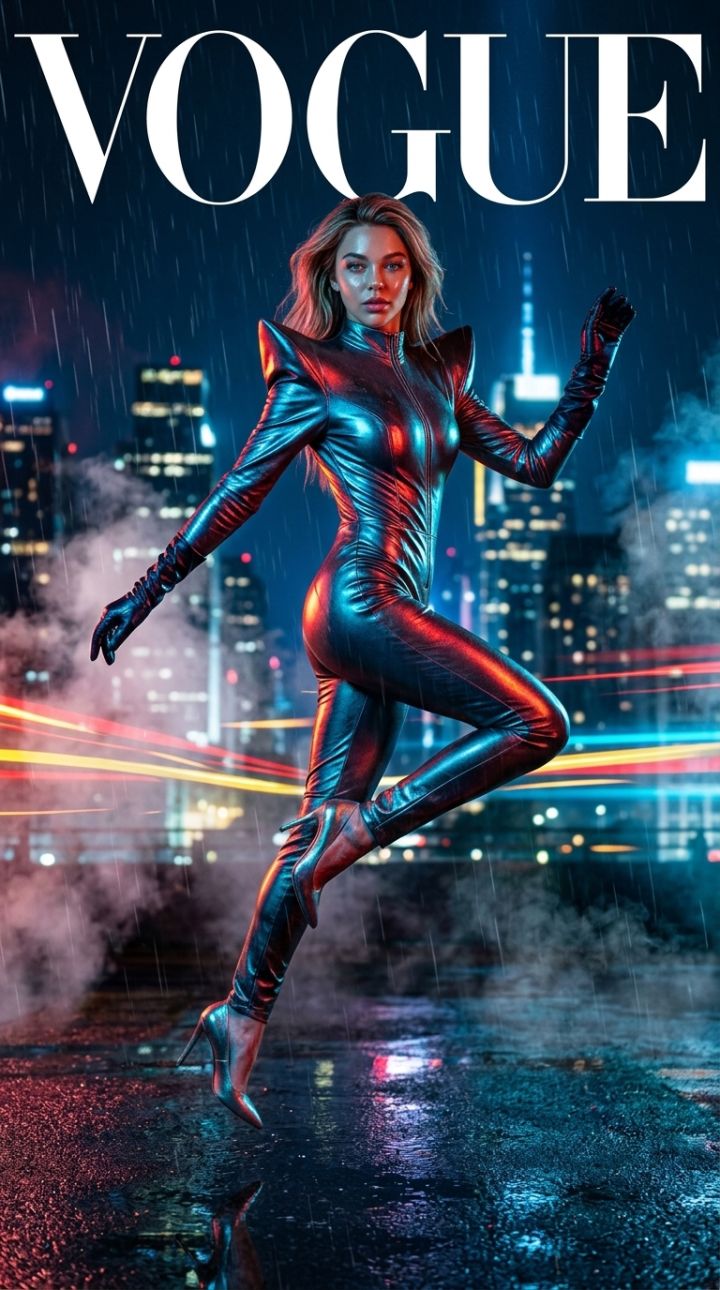 Supermodel against the background of an urban night panorama of a metropolis, in a form-fitting suit made of metallic...