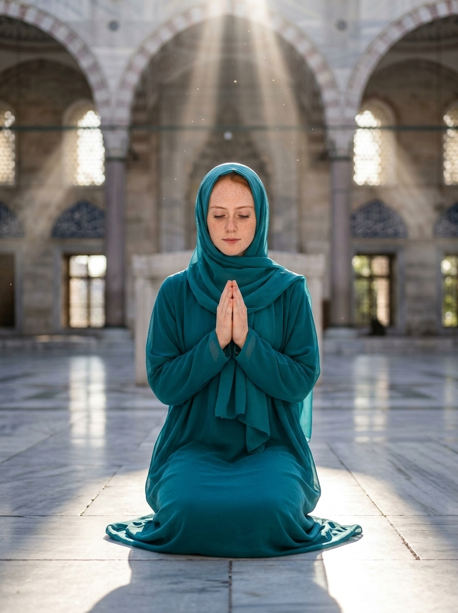 Sümmeetriline palvetav naine Sinise mošee sisehoovis teemelses hijabis – ultra fotorealism