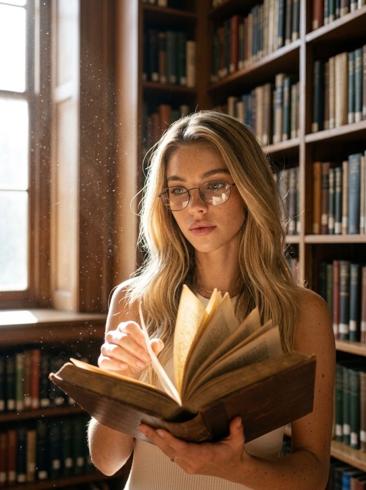 Tankfullt biblioteksporträtt med bok